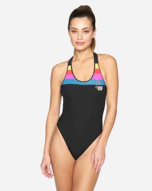 mujer Hurley blanco negro Traje de baño Nascar Rib descarado con espalda cruzada ropa 8L2D525