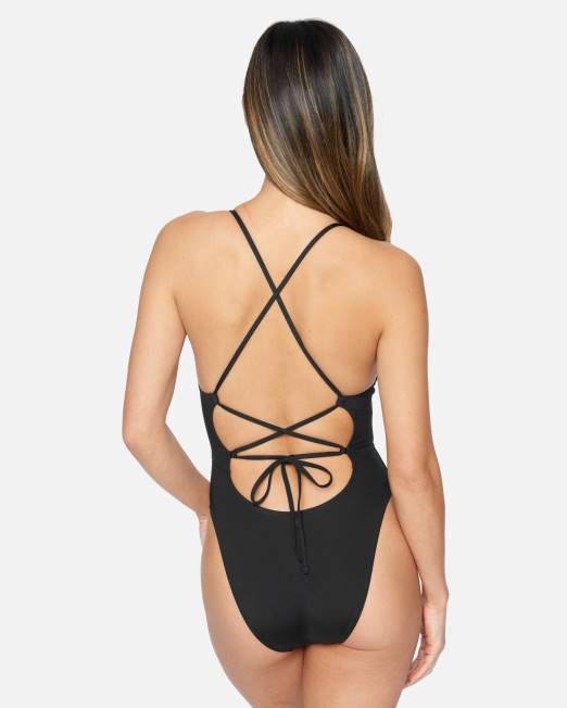 mujer Hurley negro sólido cuello cuadrado moderado una pieza ropa 8L2D480