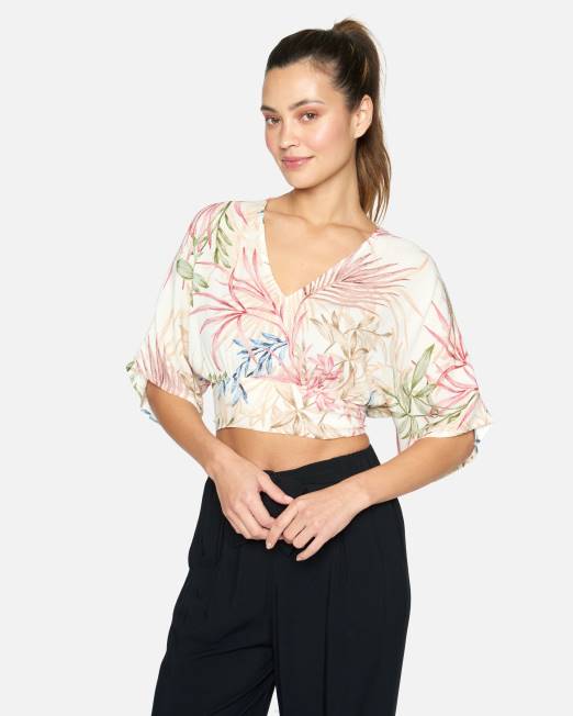 mujer Hurley crema múltiple top con volantes de palma de verano ropa 8L2D549