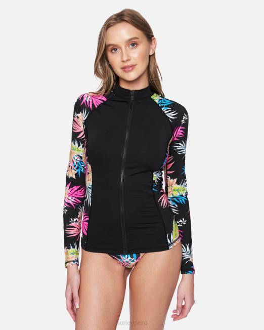 mujer Hurley negro Rashguard de manga larga con cremallera frontal Hana ropa 8L2D493