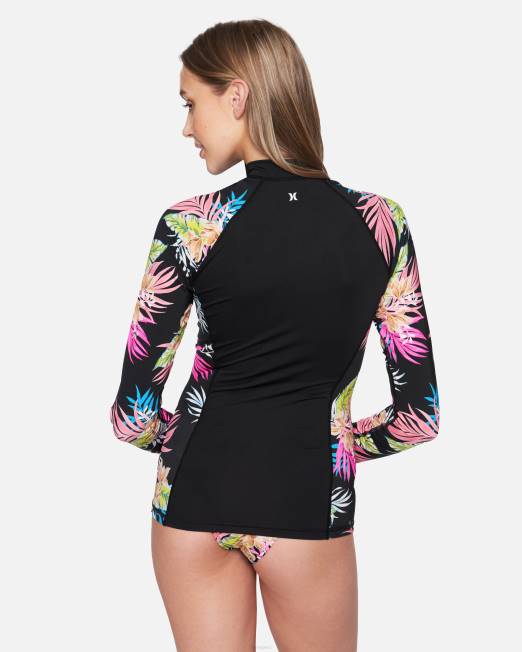 mujer Hurley negro Rashguard de manga larga con cremallera frontal Hana ropa 8L2D493