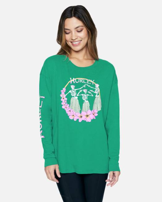 mujer Hurley verde antiguo camiseta extragrande de manga larga hulaskel ropa 8L2D564
